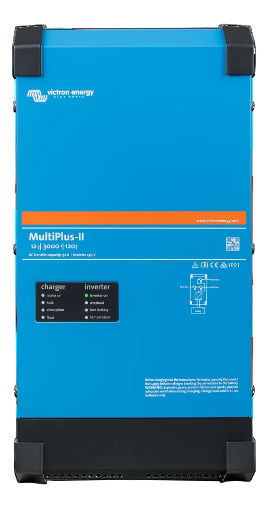 Victron MultiPlus-II 12V 3000VA inverter charger front view with dual 120V outputs